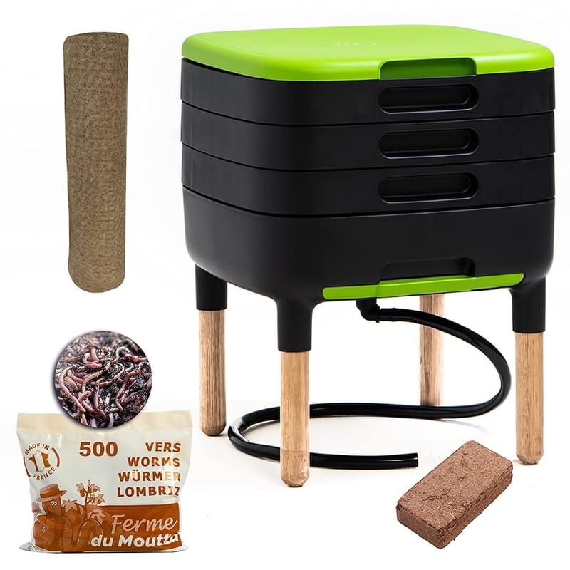 TinyWorm Design & Compact 3 Tray Wormery, 250gr of Compost Worms / 500 ctn, Complete Kit, Sliding Drawer, Wood Legs
