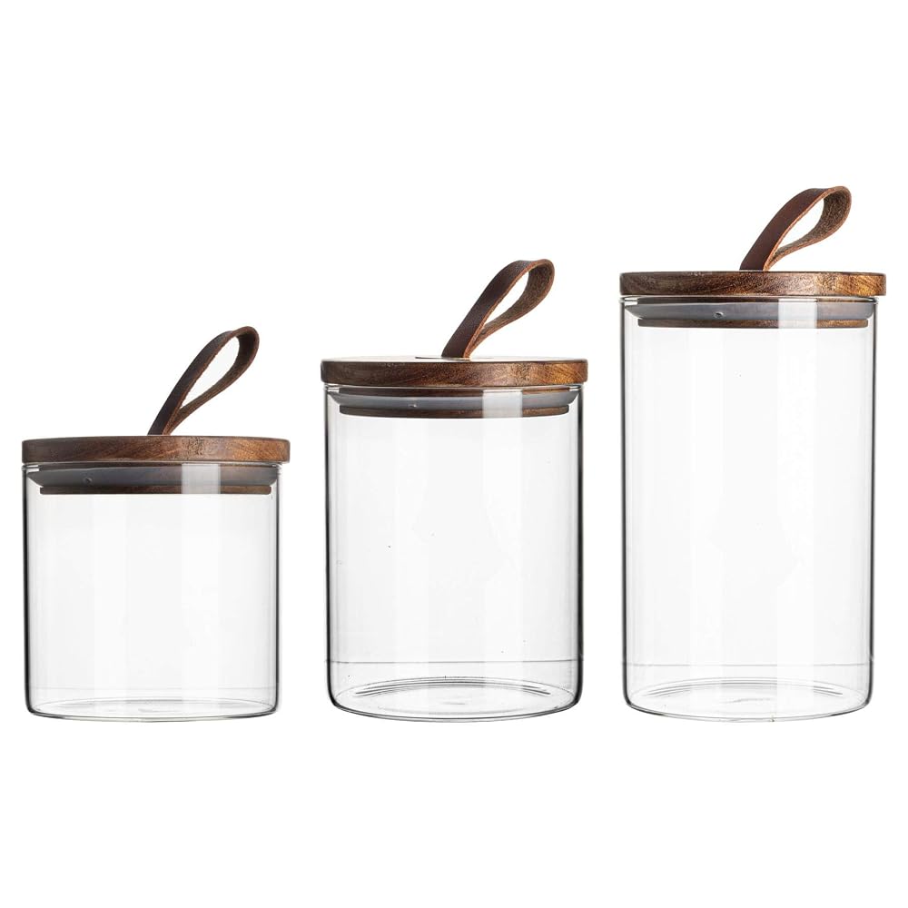 Argon Tableware Scandi Storage Jars Set with Leather Loop Lids - 3 Sizes - Glass Container for Kitchens and Pantry