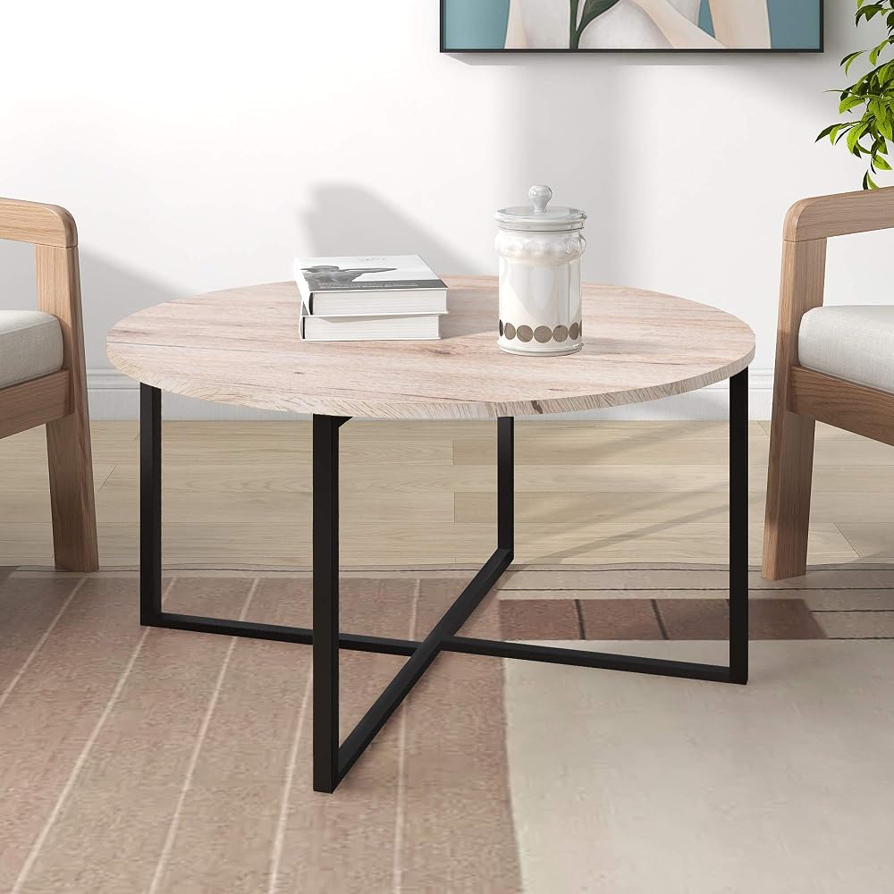 BOFENG Round Coffee Table with Metal Legs, Black & White Oak