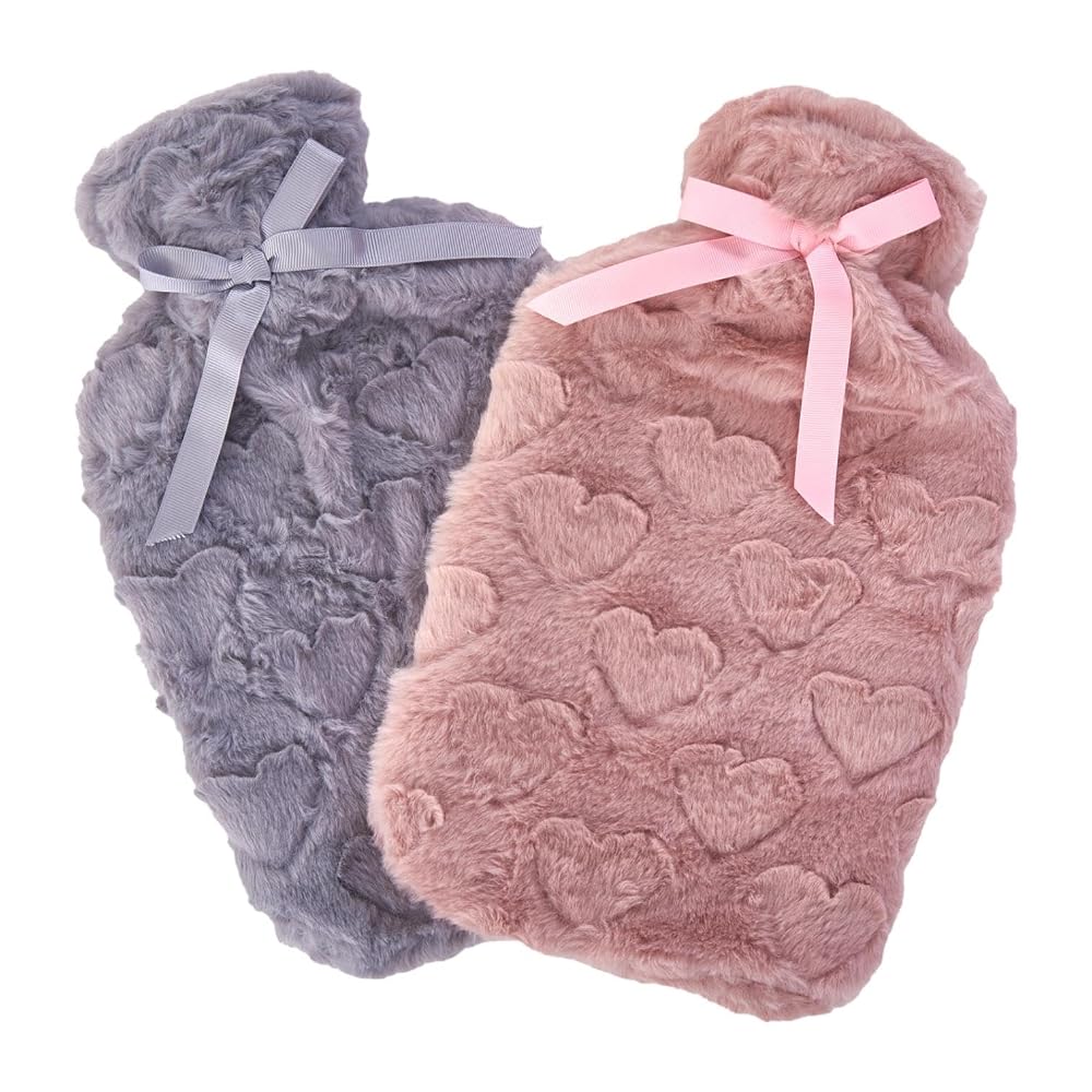 2 x Hot Water Bottles with Soft Fleece Cover, Natural Rubber 2 Litre, Check Diamonds