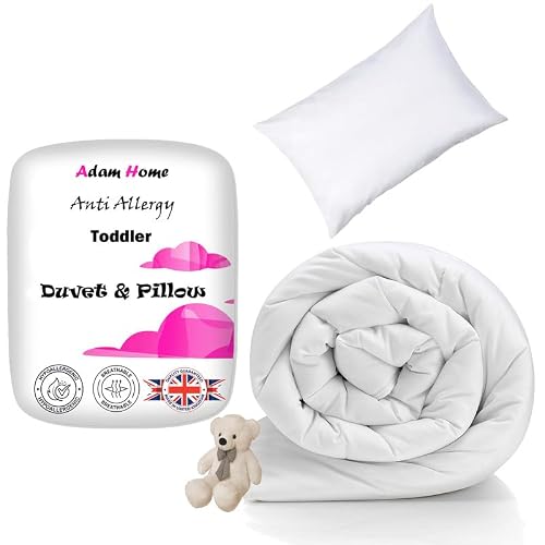 Adam Home 4.5 Tog Toddler Duvet and Pillow Set 100% Microfibre Anti-Allergy Lightweight Cot Bed (Duvet 120x150 cm) & (Pillow 40x60 cm) Hypoallergenic and Machine Washable Cot