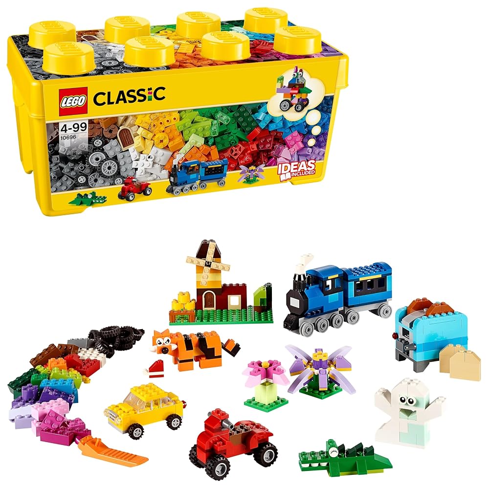 LEGO 10696 Classic Medium Creative Brick Box, Easy Toy Storage, Colourful Bricks Building Set, Toys for Kids Aged 4 Plus with Wheels, Windows, Eyes and a Green Base Plate