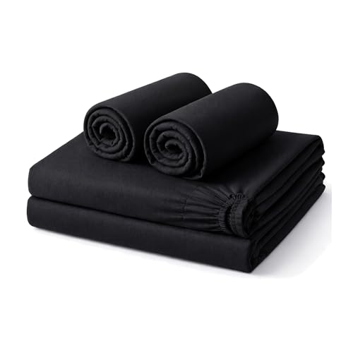 Amour Calin 4 Piece Bed Sheet Set - Easy Care Soft Brushed Microfibre Fabric - Flat Sheet, Fitted Sheet with Pair of Pillowcases - Shrinkage and Fade Resistant (Black, Double)