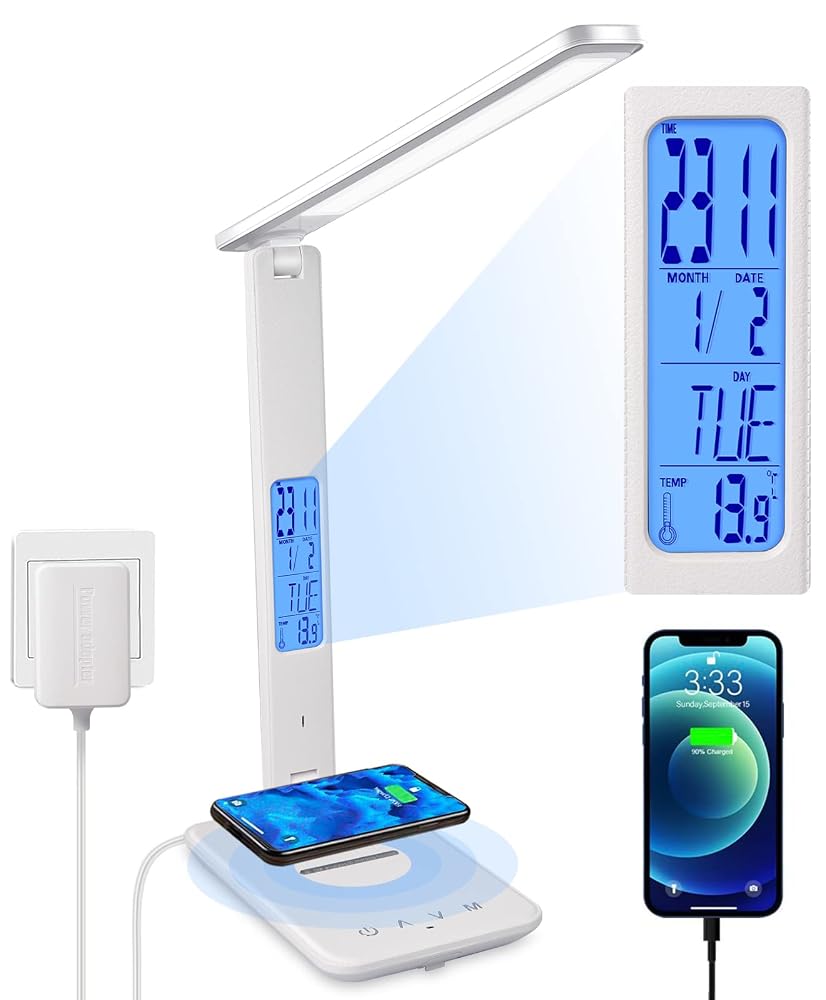 XIZDDL LED Desk Lamp with Wireless Charger, Suitable for Home, Office Dimmable, with USB Charging Port, Built-in Clock, Calendar, Thermometer and Automatic Timing Reading Desk Lamp