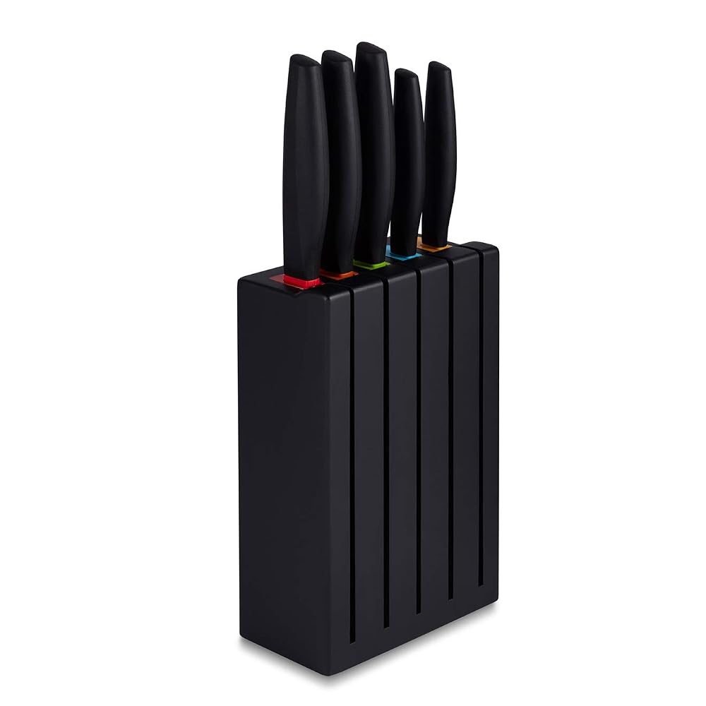 Tower T851034BLK 5 Piece Knife Set with Wooden Block, Colour Coded Handles, Black