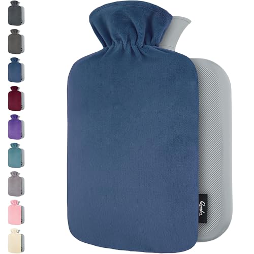Qomfor Hot Water Bottle with Cover UK, 1.8L Large Soft Water Bottle with Fluffy Fleece Cover, Dark Blue