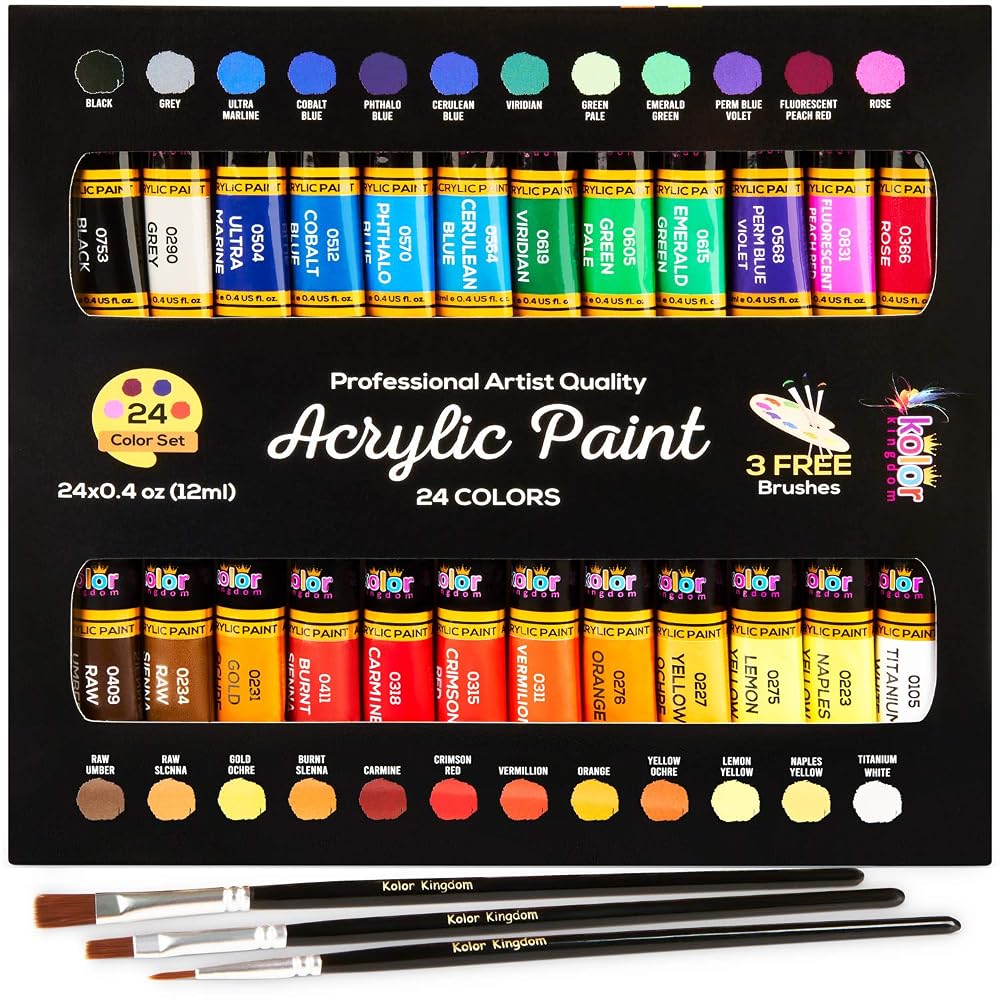 KOLOR KINGDOM Acrylic Paint Set, 24 Colours Canvas Paints Kit with 3 Paint Brushes