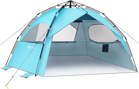 Glymnis Pop Up Beach Tent 4-6 Person, UV Protection Beach Sun Shelter Tent | UPF 50+, Extra Large, Silver-coated 190T Polyester, Instant Pop Up, No Assembly, 3 Window, Family Tent for Beach Garden, Blue