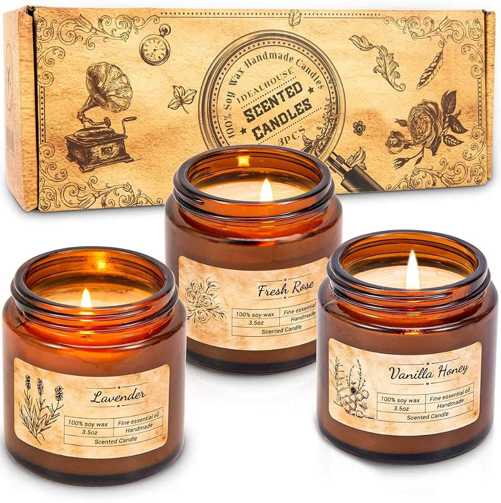 IDEALHOUSE Scented Candles Gift Set, Soy Wax Candles of Vanilla Honey, Fresh Rose and Lavender