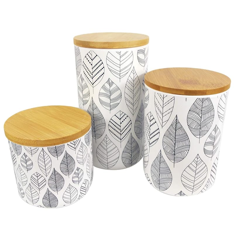 Leaf Ceramic Storage Jars Kitchen Canisters with Lids, Mixed Materials, 3 Sizes 9.5cm/14cm/18cm