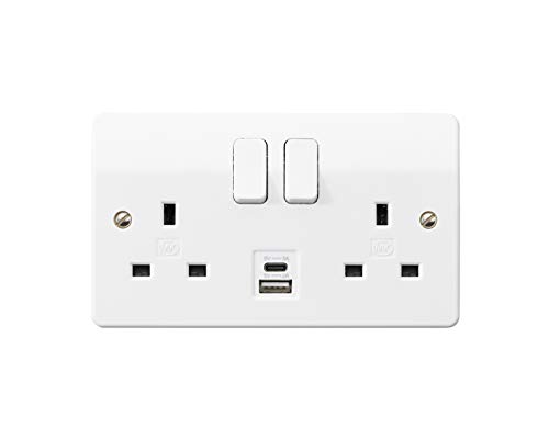 MK (ELECTRIC) Logic Plus Double Socket (K2745WHI) with Dual USB Charging Ports Type A and C, 2-Gang 13A, White