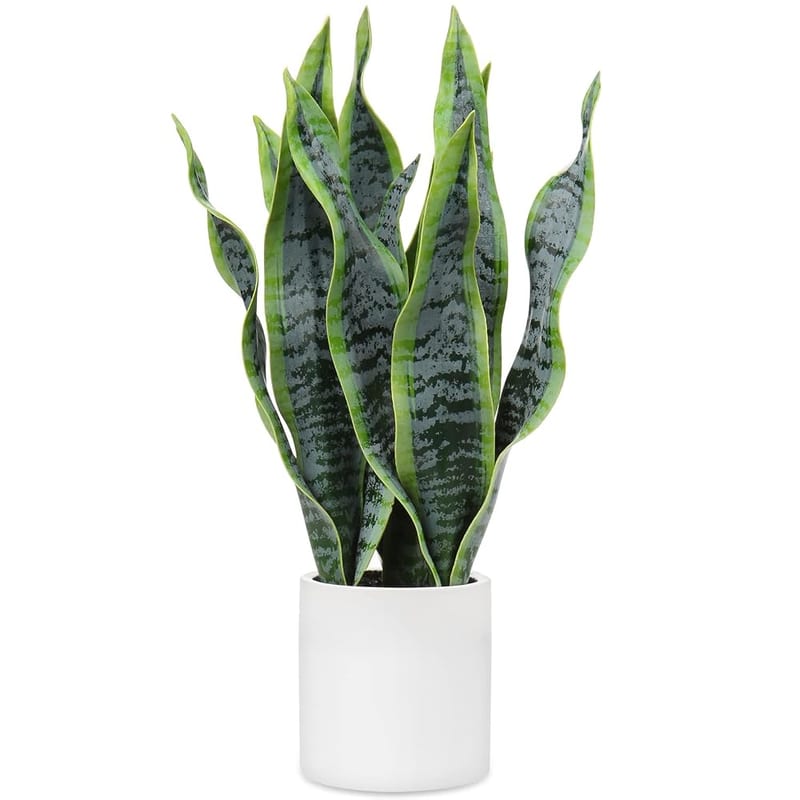 Briful Fake Snake Plant 16" with White Ceramic Pot, Artificial Sansevieria Plant for Home and Office Decoration