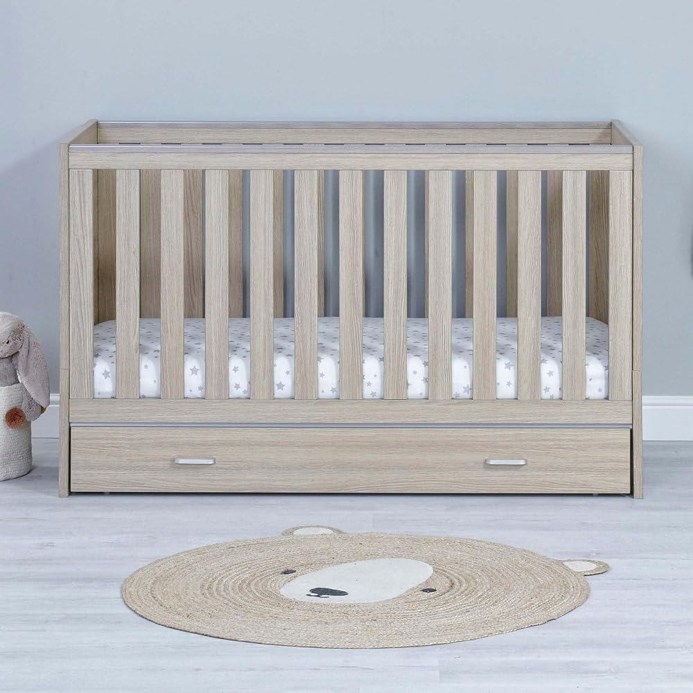 Babymore Veni Nursery Cot Bed - Converts into a Toddler Bed, With Drawer, Oak