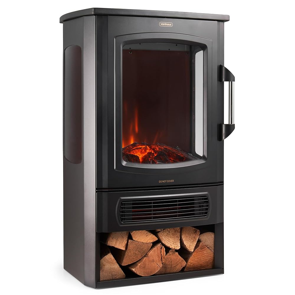VonHaus Panoramic Stove Heater with Log Storage – 3-Sided Electric Fireplace, LED Flame Effect, 2000W
