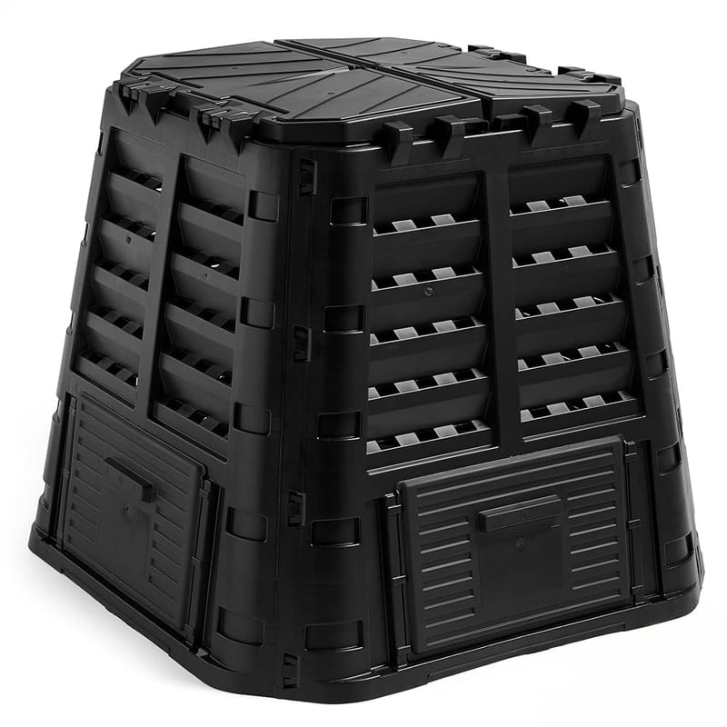 VonHaus Compost Bin for Garden 480L – Composter with Slatted Design for Aeration, Rainwater Collection, Side Flap & Lid – Frost & UV Resistant, Black