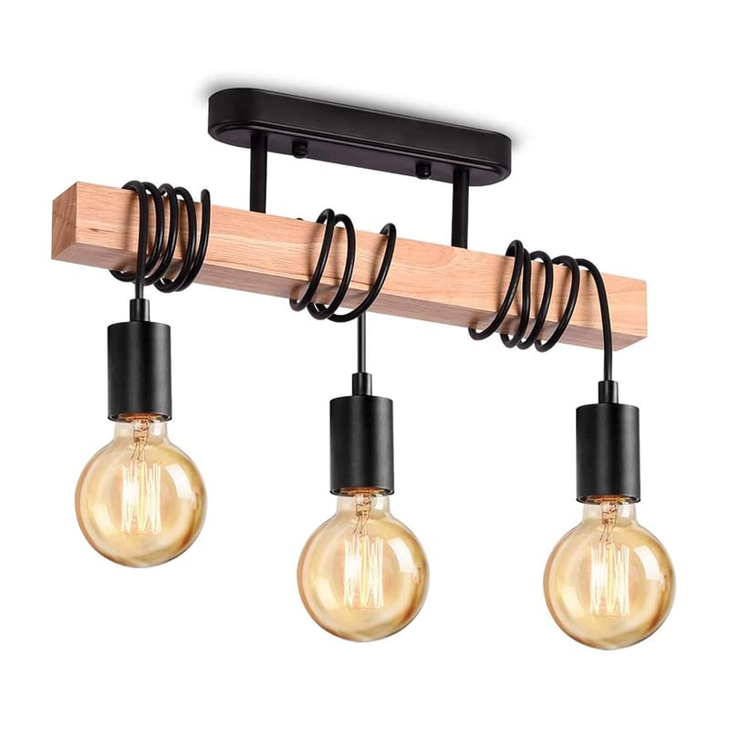 Lightess Black and Wood Ceiling Light 3-Head with Adjustable Cable, Industrial Pendant Semi Flush Ceiling Light