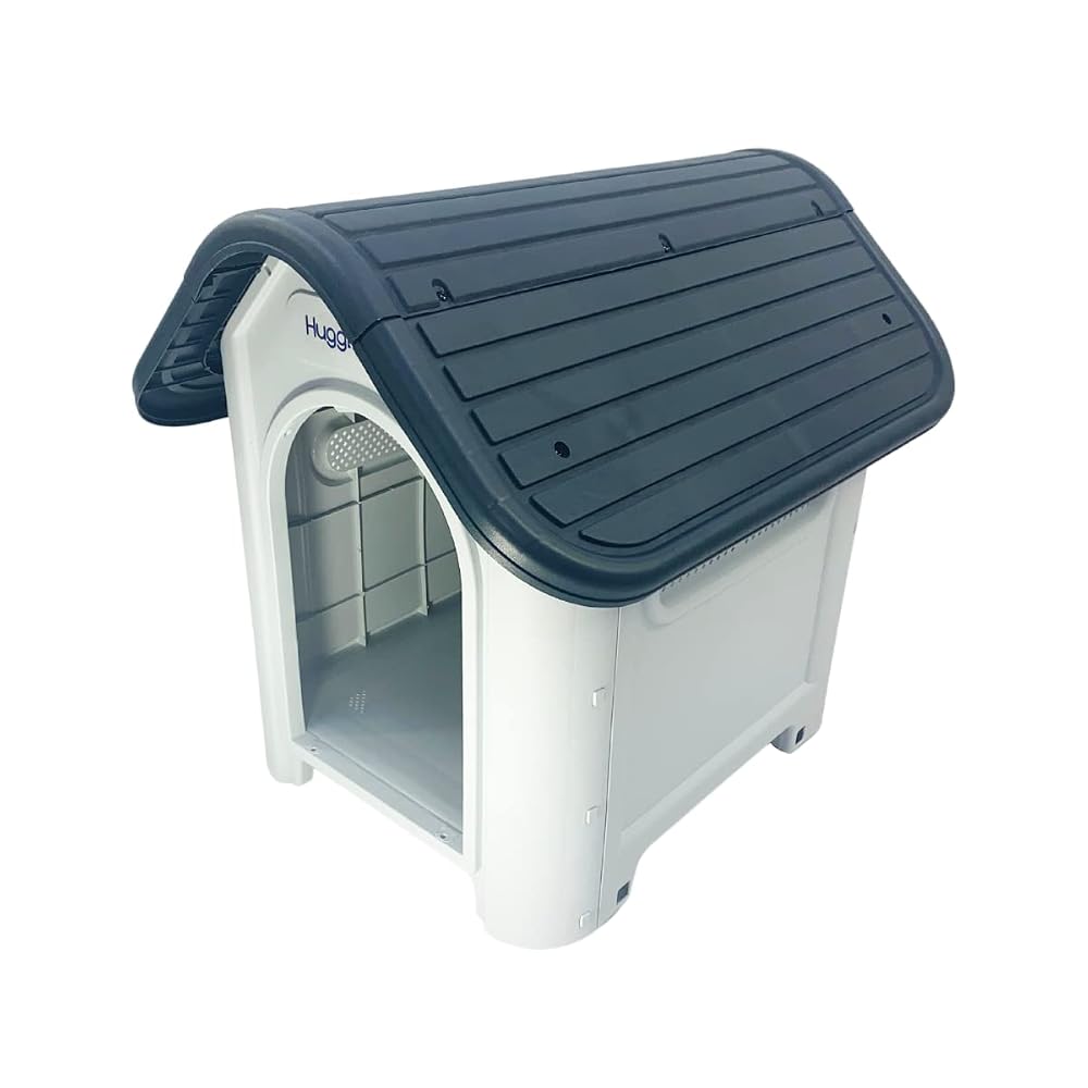 HugglePets Plastic Dog Kennel Outdoor & Indoor (75 x 59cm, Grey) Raised & Ventilated Weatherproof Pet Shelter