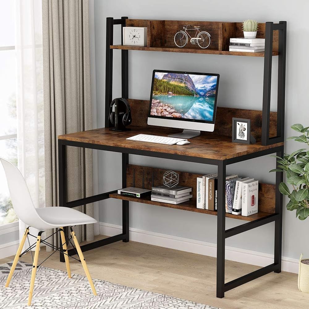 Tribesigns Computer Desk with Hutch and Shelves for Small Spaces, Dark Brown