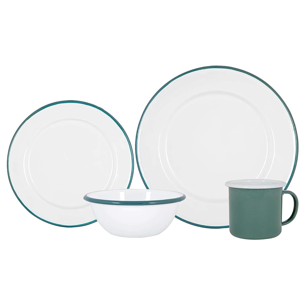 Argon Tableware Coloured Dinnerware Set - 16-Piece Green Enamel Dinner Set, Lightweight Camping Plates, Pasta Bowls, Coffee Mugs