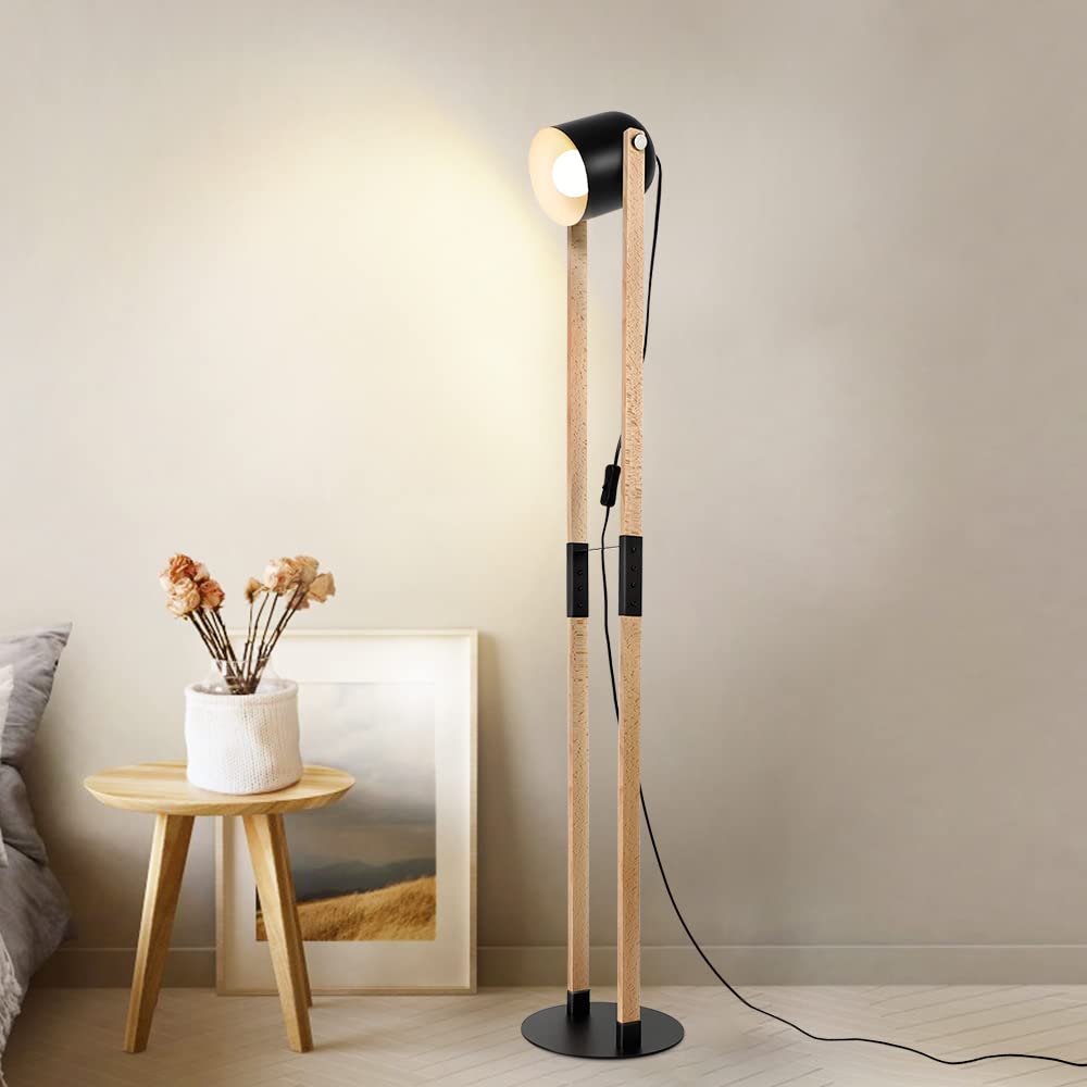 Depuley Retro Floor Lamp Made of Wood and Metal, Standing Lamp with Push Button, 360° Rotatable E27 Socket