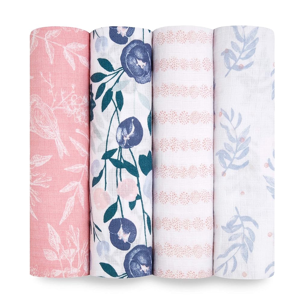 aden + anais essentials 100% Cotton Muslin Swaddle & Receiving Blanket, 112x112cm, 4 Pack, Flowers Bloom