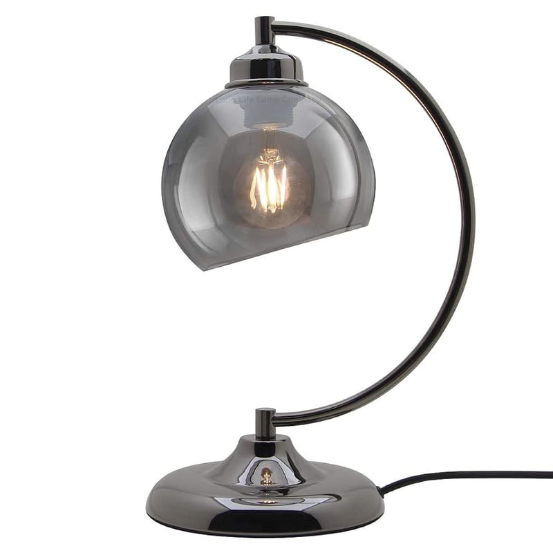Table Desk Bedside Lamp, Modern Smoked Glass Shade, Black Nickel Frame