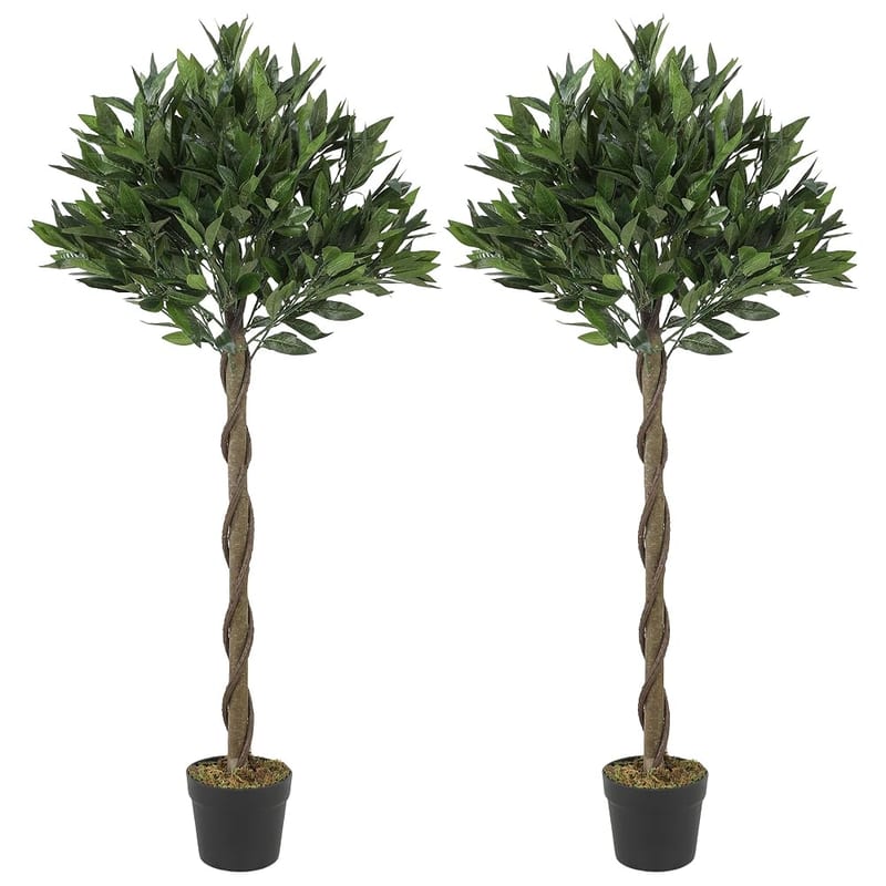Outsunny Set of 2 Artificial Bay Laurel Topiary Trees 4FT, Ball-Shaped Faux Plants in Pots for Home, Patio or Doorway Display