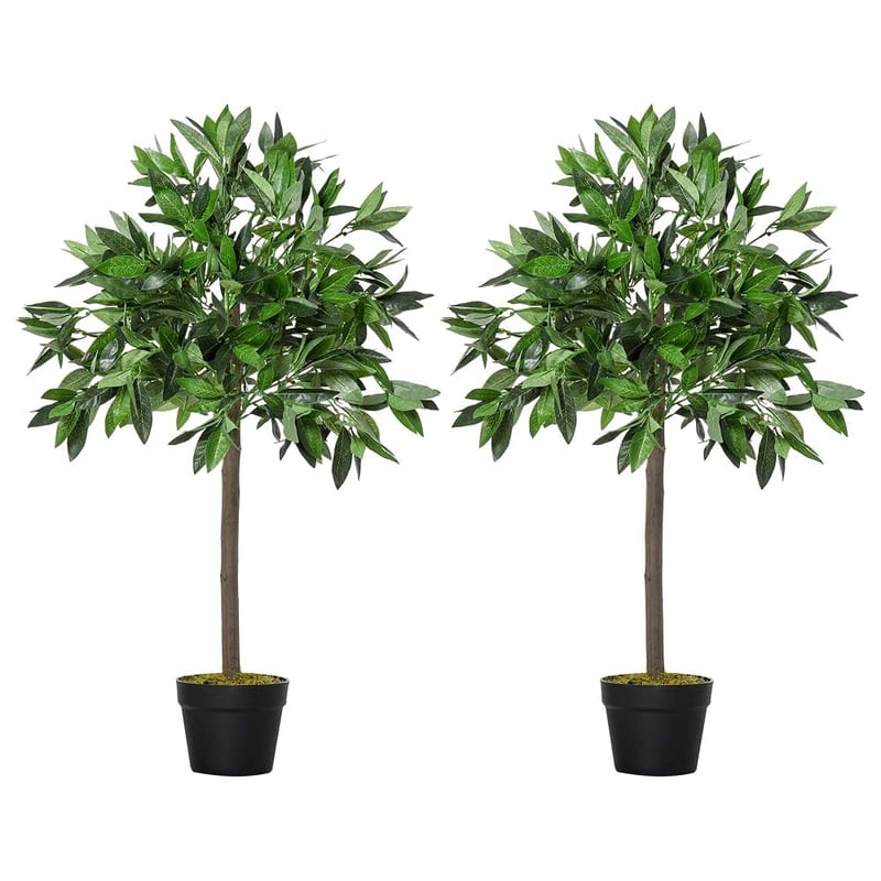 Outsunny Artificial Bay Laurel Topiary Trees with Twisted Trunk, Realistic Lush Topiary Ball Tree with Weighted Pot, 90cm Indoor Greenery Plant for Home Office Garden Decor, Set of 2, Green