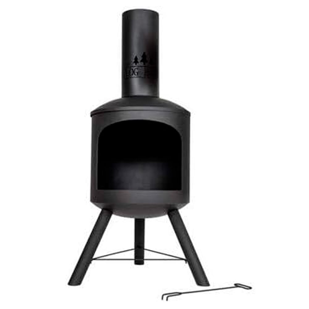 Log Barn Fire Chiminea for Garden, 43 x 43 x 118cm Black Steel with Poker