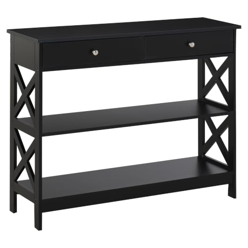 HOMCOM Console Table Side Desk with Shelves Drawers X Support Frame Black