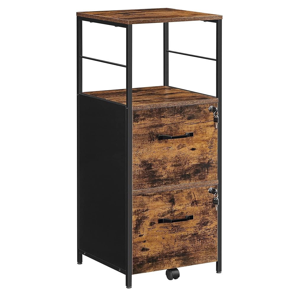 VASAGLE Filing Cabinet for Home Office, File Cabinet with 2 Drawers, Open Shelf, Steel Frame, for A4 and Letter Sized Files, Rustic Brown and Black