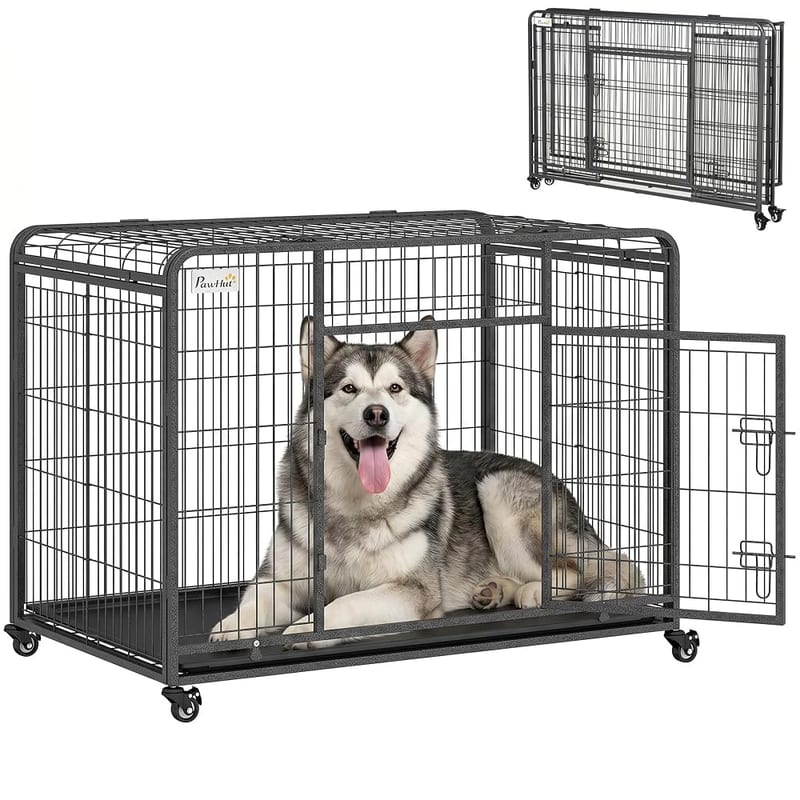 PawHut Metal Dog Cage Kennel with Locking Door & Wheels, Removable Tray, XL 125 x 76 x 81cm