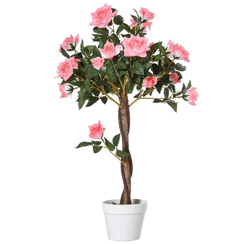Outsunny 90cm Artificial Rose Tree, Pink Faux Flowering Topiary Plant in Pot for Home and Patio Decoration