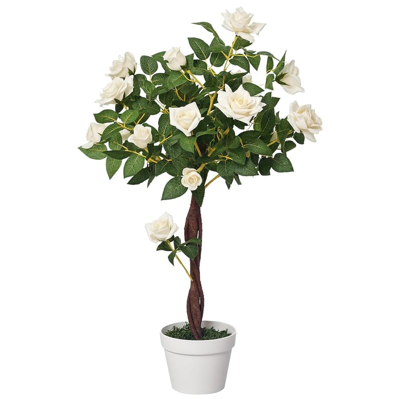 Outsunny 90cm Artificial Rose Tree with Twisted Trunk, Decorative Fake Plant with 350 Silk Leaves and 21 Flowers, UV-Resistant Faux Tree for Outdoor Indoor Garden Porch Decor, White
