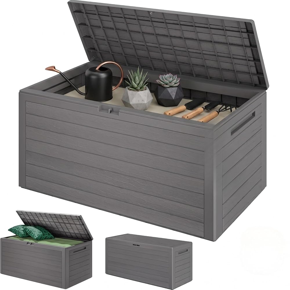 CASARIA Waterproof Garden Outdoor Storage Box 280L, Plastic Storage Box with Lid, Grey