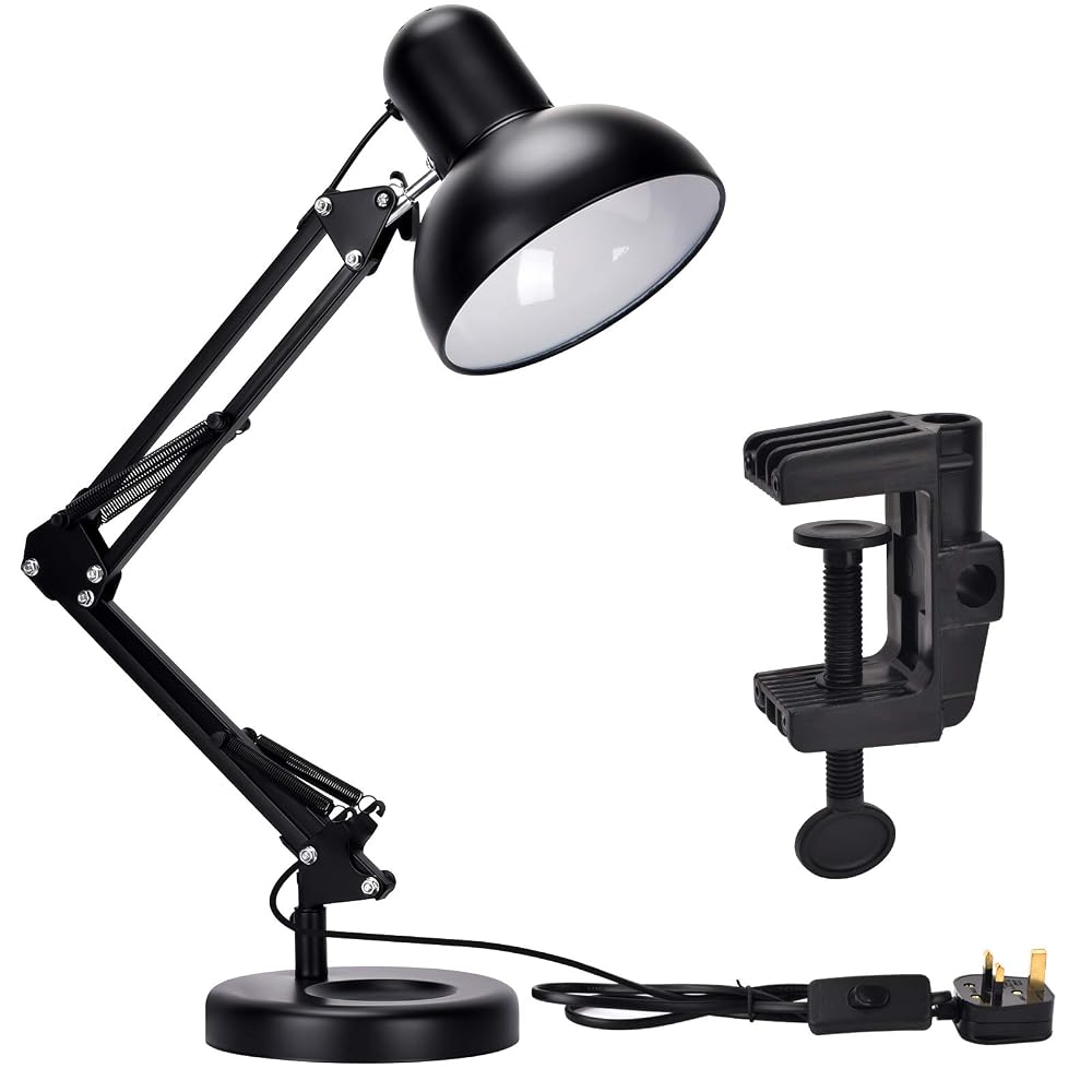 TEKLED Adjustable Desk Lamp with E27 Bulb Holder, A60 LED Included, Swing Arm, Clip-On C-Clamp, Architect Style Desk Light
