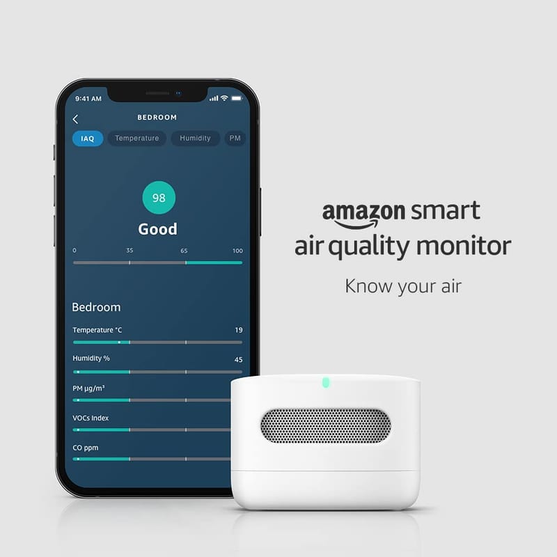 Amazon Smart Air Quality Monitor, Tracks PM2.5, VOCs, Humidity & Temperature, Works with Alexa
