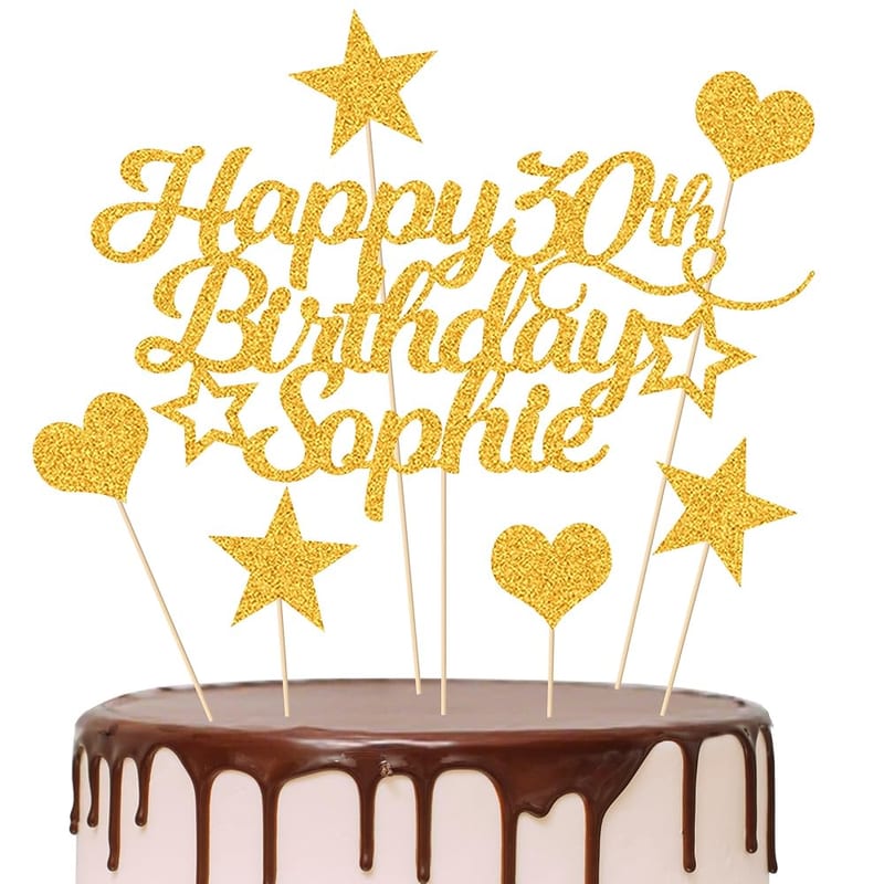 EDSG Personalised Happy Birthday Cake Topper, Customised with Any Age or Name, Glitter Card Cake Decoration