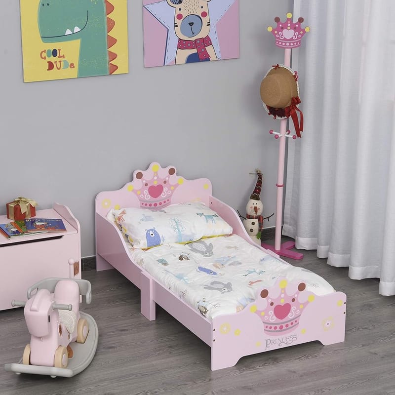 HOMCOM Kids Toddler Bed with Safety Side Rails, Wooden Bed Frame for Children, Pink