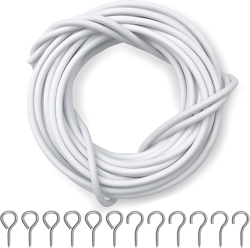 Dikots Curtain Wire Set - 10M Kit with 25 Eyes & Hooks - Multipurpose Wire for Window Net Curtains