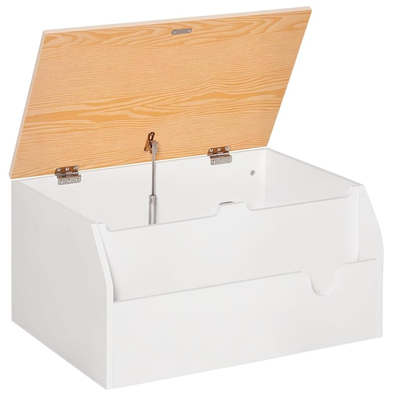 HOMCOM Wooden Kids Toy Box, Children Storage Chest Organiser with Book Slot and Safety Hinge, Playroom Furniture, White