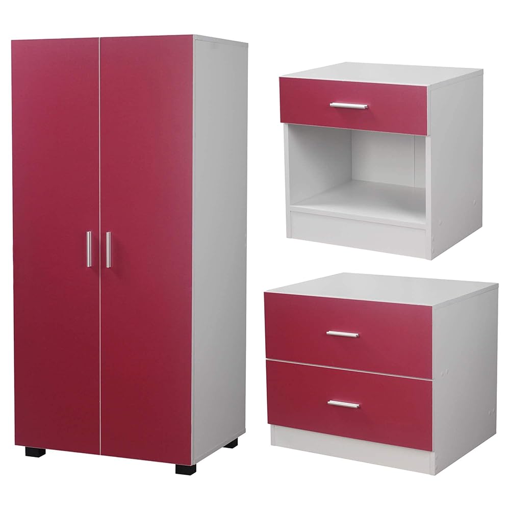 URBNLIVING Orlando 3 Piece Wooden Kids Bedroom Set Wardrobe Chest Cabinet Bedside Table (Pink)