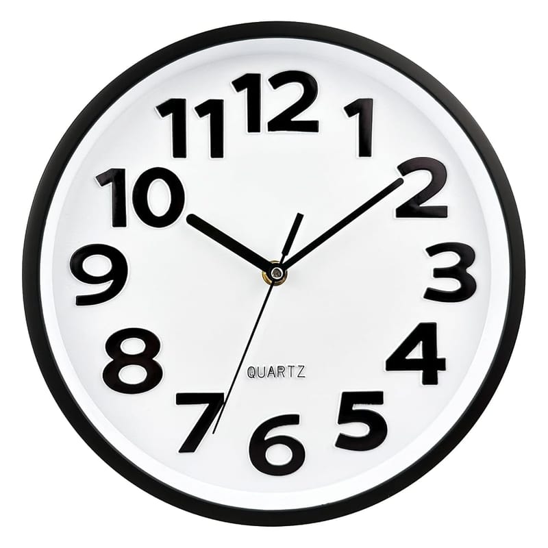 Plumeet 10'' Small Wall Clock, Non-Ticking Silent Quartz Decorative Clock, Modern Style, Big 3D Number Display, Battery Operated, Black