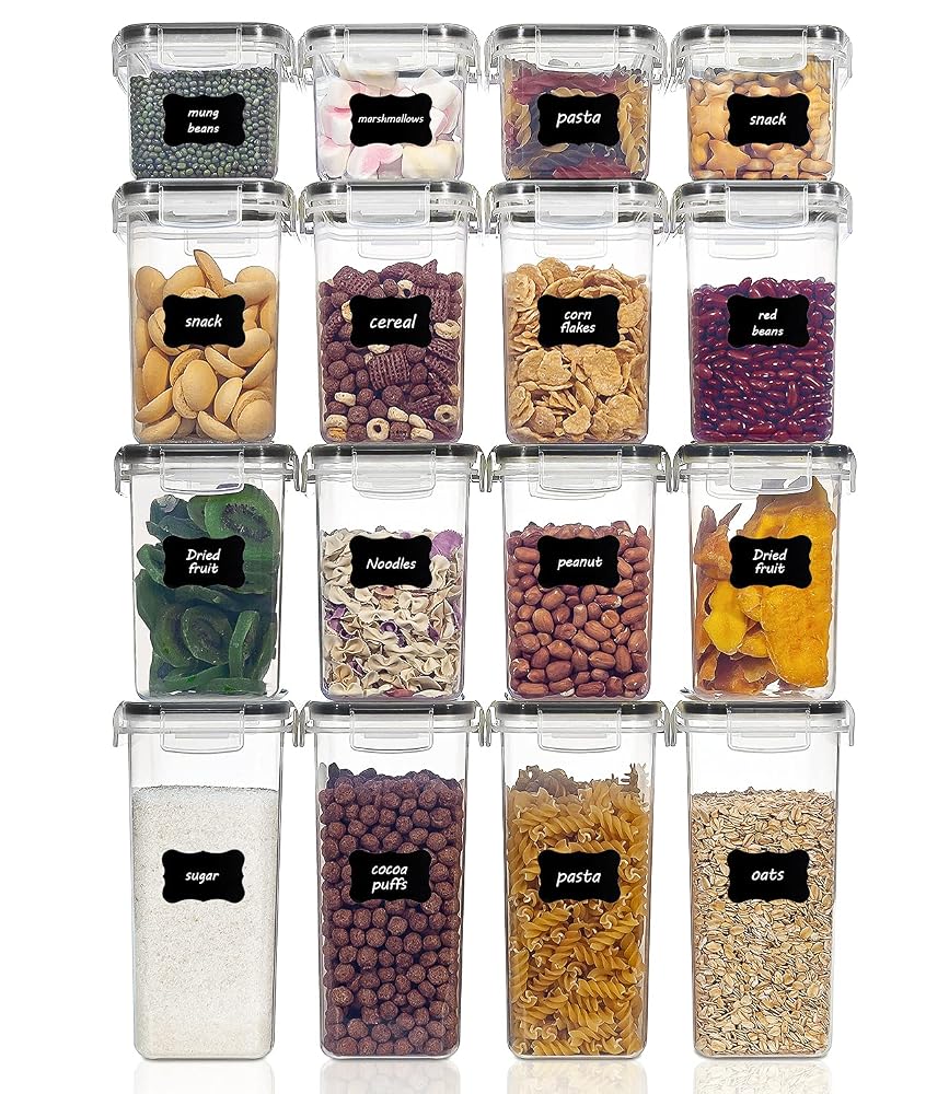 Vtopmart Set of 16 Airtight Food Storage Containers, Kitchen and Pantry Organisation, BPA-Free, with 24 Labels (Black)