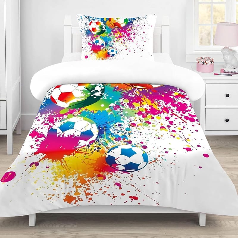 MUSOLEI Football Single Duvet Cover Set, Boys Sport Bedding Set for Kids Children Girls, Multi-Coloured Graffiti Quilt Cover with Matching Pillowcase, 135x200cm
