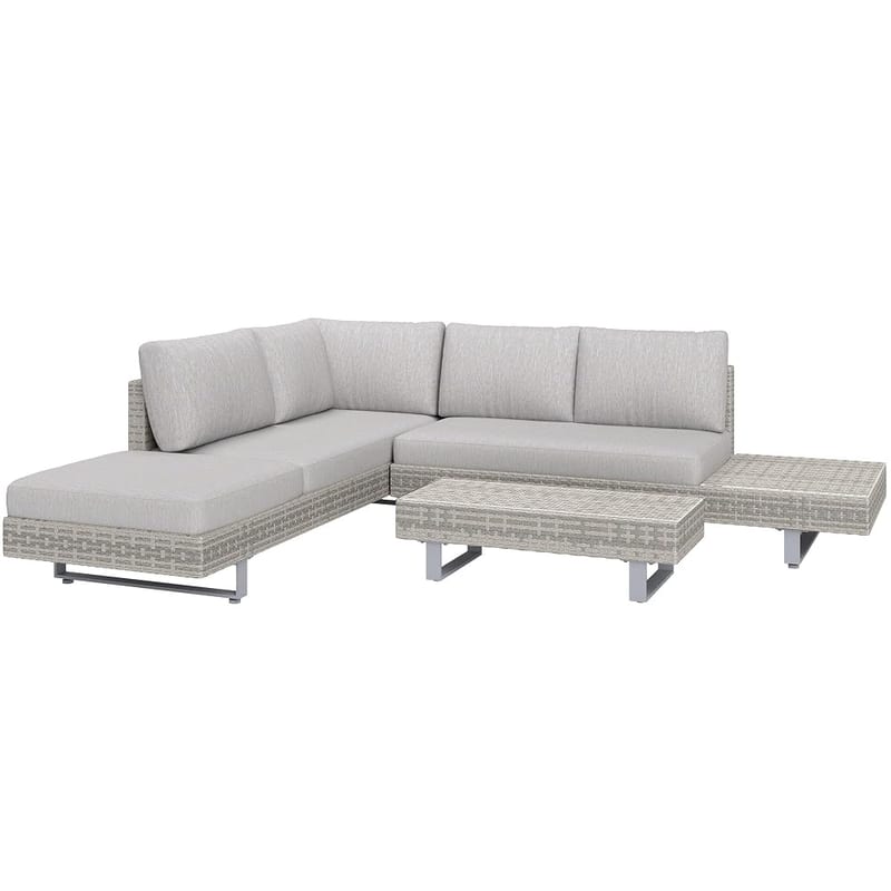 Outsunny 3 Pieces Rattan Garden Furniture Set, Wicker Garden Sofa Set with 3-Seater Sofa, Loveseat, Coffee Table, Side Table & Cushions, Grey