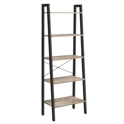 VASAGLE Ladder Shelf, 4-Tier Bookcase for Home Office, Steel Frame, Industrial Rustic Brown and Black