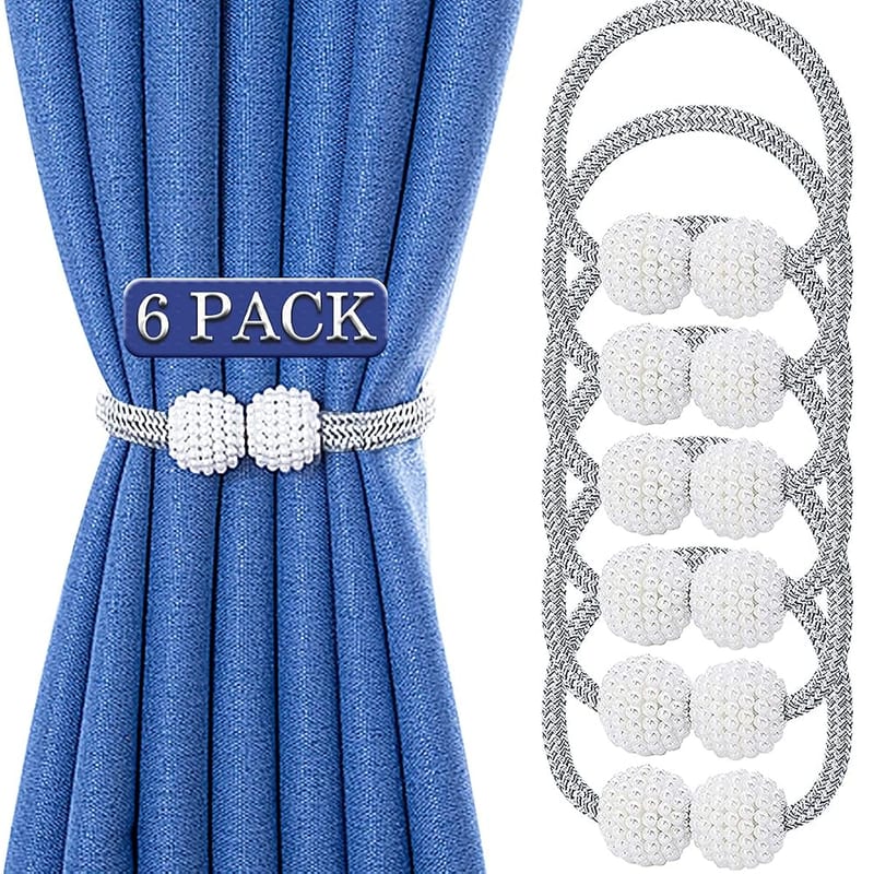 JOYJULY Magnetic Curtain Tiebacks (6 Pack), Modern Pearl Weave Rope Holdbacks, Silver Grey