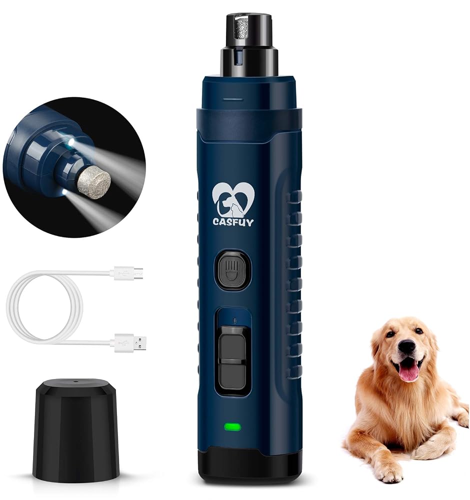 Casfuy Dog Nail Grinder with 2 LED Light for Large Medium Dogs, 2-Speed Electric Pet Nail Trimmer
