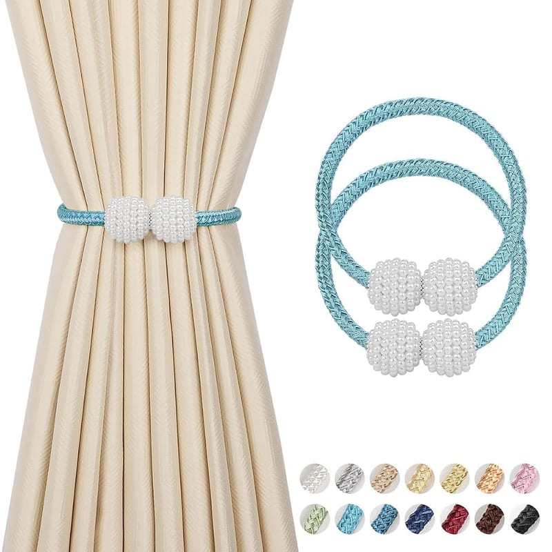 2 Pieces Magnetic Curtain Tie Backs - 19" Long Pearl Ball Curtain Magnetic Tiebacks, European Drape Clips Rope Holdbacks